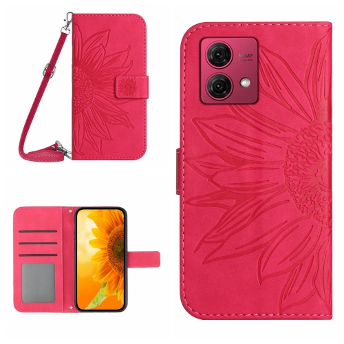 

For Motorola Moto G84 HT04 Skin Feel Sun Flower Embossed Flip Leather Phone Case with Lanyard(Rose Red)