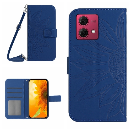 

For Motorola Moto G84 HT04 Skin Feel Sun Flower Embossed Flip Leather Phone Case with Lanyard(Dark Blue)