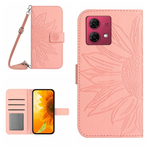 

For Motorola Moto G84 HT04 Skin Feel Sun Flower Embossed Flip Leather Phone Case with Lanyard(Pink)