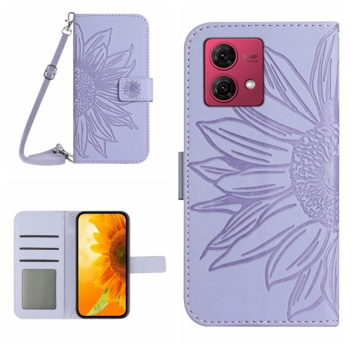 

For Motorola Moto G84 HT04 Skin Feel Sun Flower Embossed Flip Leather Phone Case with Lanyard(Purple)