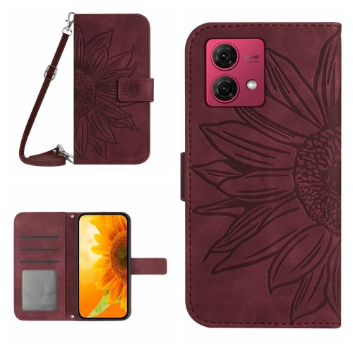 

For Motorola Edge 40 Neo HT04 Skin Feel Sun Flower Embossed Flip Leather Phone Case with Lanyard(Wine Red)