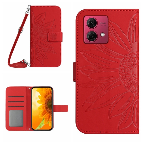 

For Motorola Edge 40 Neo HT04 Skin Feel Sun Flower Embossed Flip Leather Phone Case with Lanyard(Red)