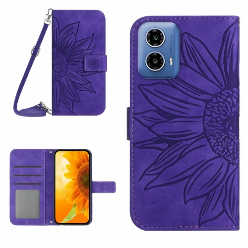 

For Motorola Moto G34 5G HT04 Skin Feel Sun Flower Embossed Flip Leather Phone Case with Lanyard(Dark Purple)