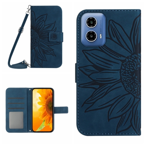 

For Motorola Moto G34 5G HT04 Skin Feel Sun Flower Embossed Flip Leather Phone Case with Lanyard(Inky Blue)