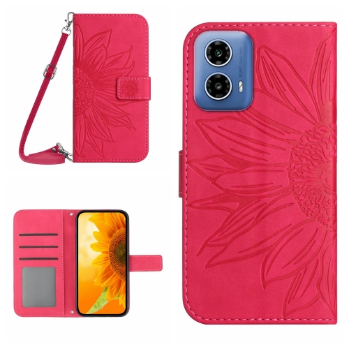 

For Motorola Moto G34 5G HT04 Skin Feel Sun Flower Embossed Flip Leather Phone Case with Lanyard(Rose Red)