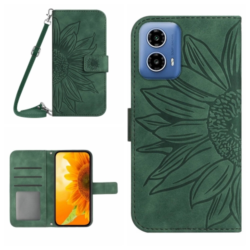 

For Motorola Moto G34 5G HT04 Skin Feel Sun Flower Embossed Flip Leather Phone Case with Lanyard(Green)