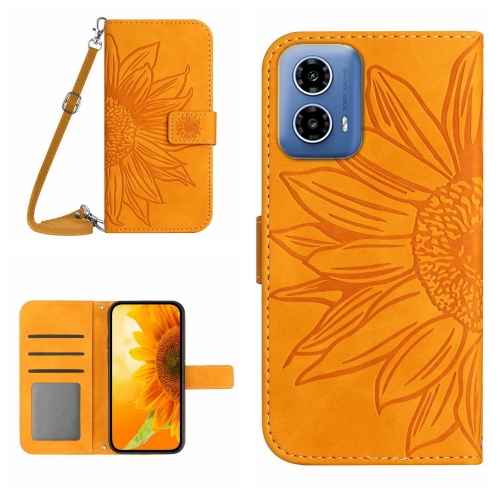 

For Motorola Moto G34 5G HT04 Skin Feel Sun Flower Embossed Flip Leather Phone Case with Lanyard(Yellow)