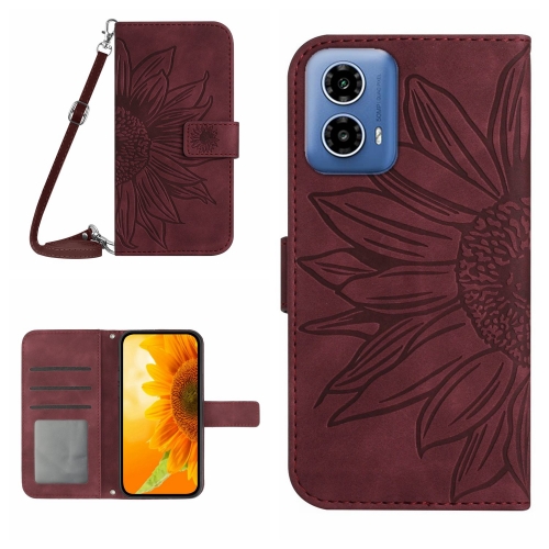 

For Motorola Moto G34 5G HT04 Skin Feel Sun Flower Embossed Flip Leather Phone Case with Lanyard(Wine Red)