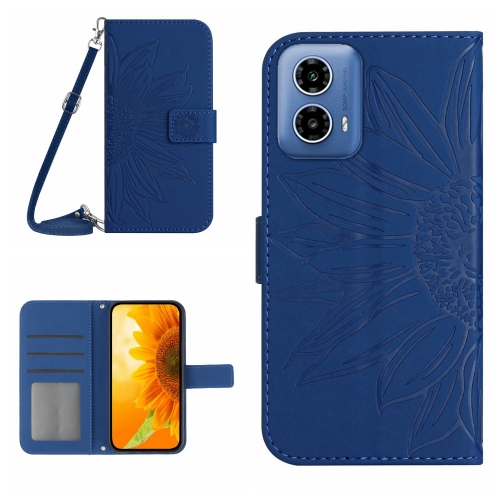 

For Motorola Moto G34 5G HT04 Skin Feel Sun Flower Embossed Flip Leather Phone Case with Lanyard(Dark Blue)