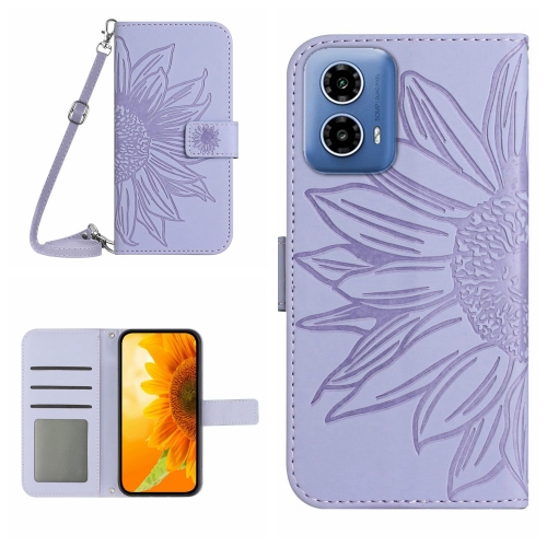 

For Motorola Moto G34 5G HT04 Skin Feel Sun Flower Embossed Flip Leather Phone Case with Lanyard(Purple)