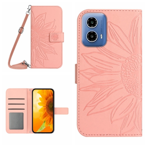 

For Motorola Moto G04 / G24 HT04 Skin Feel Sun Flower Embossed Flip Leather Phone Case with Lanyard(Pink)
