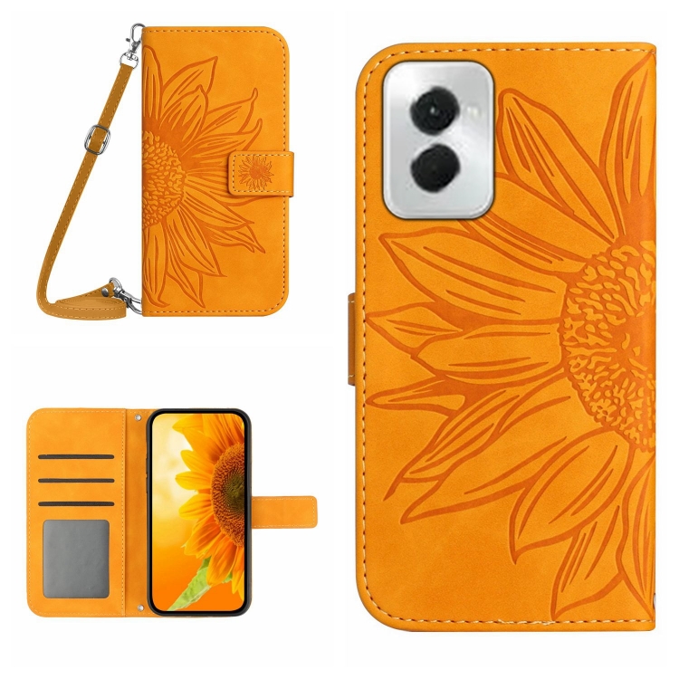 

For Motorola Moto G Power 5G 2024 HT04 Skin Feel Sun Flower Embossed Flip Leather Phone Case with Lanyard(Yellow)