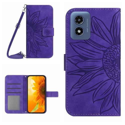 

For Motorola Moto E14 HT04 Skin Feel Sun Flower Embossed Flip Leather Phone Case with Lanyard(Dark Purple)