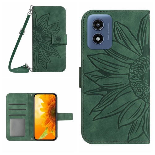 

For Motorola Moto E14 HT04 Skin Feel Sun Flower Embossed Flip Leather Phone Case with Lanyard(Green)