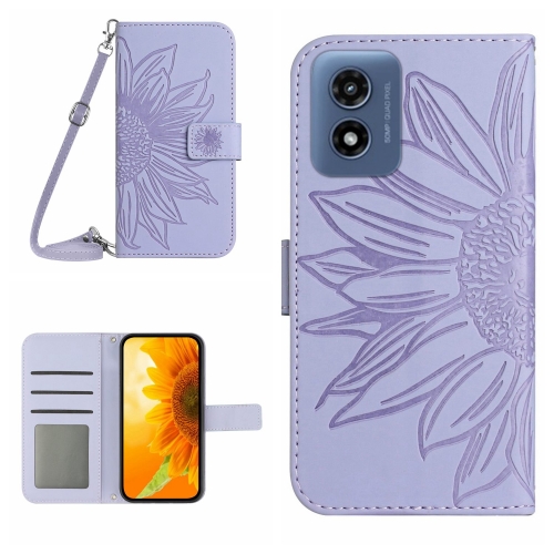 

For Motorola Moto E14 HT04 Skin Feel Sun Flower Embossed Flip Leather Phone Case with Lanyard(Purple)