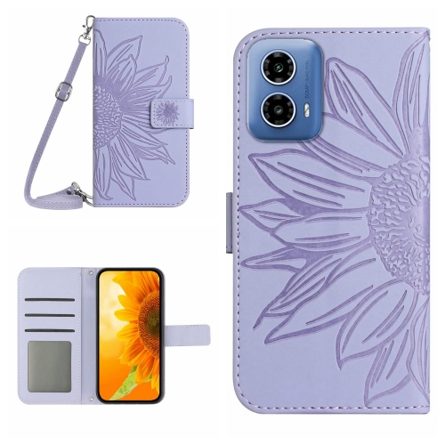 

For Motorola Moto G85 5G HT04 Skin Feel Sun Flower Embossed Flip Leather Phone Case with Lanyard(Purple)