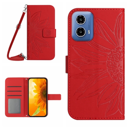 

For Motorola Moto G85 5G HT04 Skin Feel Sun Flower Embossed Flip Leather Phone Case with Lanyard(Red)