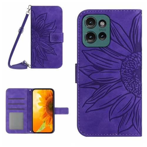 

For Motorola Edge 50 Neo HT04 Skin Feel Sun Flower Embossed Flip Leather Phone Case with Lanyard(Dark Purple)