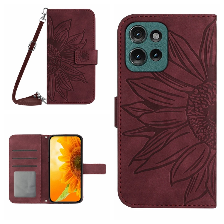 

For Motorola Edge 50 Neo HT04 Skin Feel Sun Flower Embossed Flip Leather Phone Case with Lanyard(Wine Red)