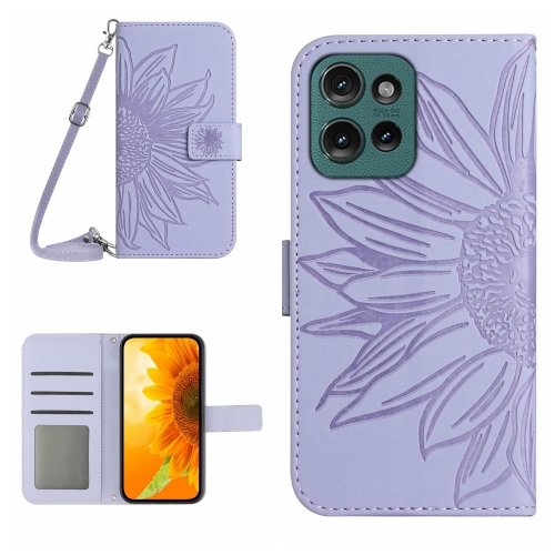 

For Motorola Edge 50 Neo HT04 Skin Feel Sun Flower Embossed Flip Leather Phone Case with Lanyard(Purple)