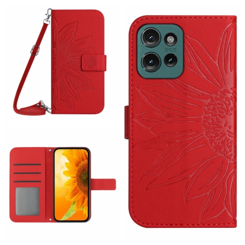 

For Motorola Edge 50 Neo HT04 Skin Feel Sun Flower Embossed Flip Leather Phone Case with Lanyard(Red)