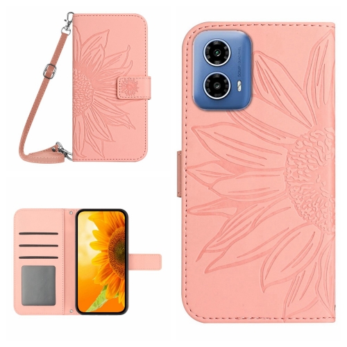 

For Motorola Moto G35 5G HT04 Skin Feel Sun Flower Embossed Flip Leather Phone Case with Lanyard(Pink)