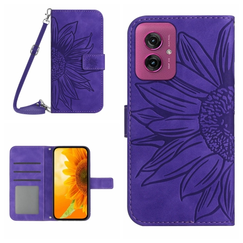 

For Motorola Moto G55 5G HT04 Skin Feel Sun Flower Embossed Flip Leather Phone Case with Lanyard(Dark Purple)