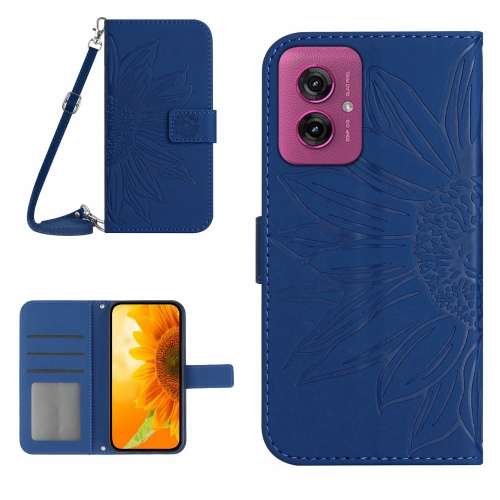 

For Motorola Moto G55 5G HT04 Skin Feel Sun Flower Embossed Flip Leather Phone Case with Lanyard(Dark Blue)