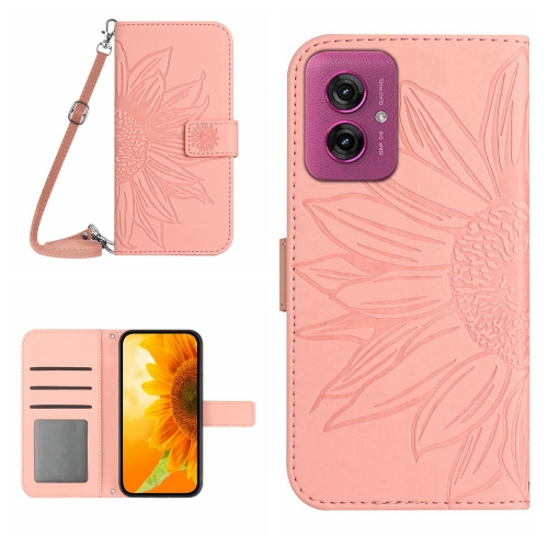 

For Motorola Moto G55 5G HT04 Skin Feel Sun Flower Embossed Flip Leather Phone Case with Lanyard(Pink)