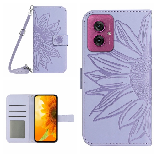 

For Motorola Moto G55 5G HT04 Skin Feel Sun Flower Embossed Flip Leather Phone Case with Lanyard(Purple)