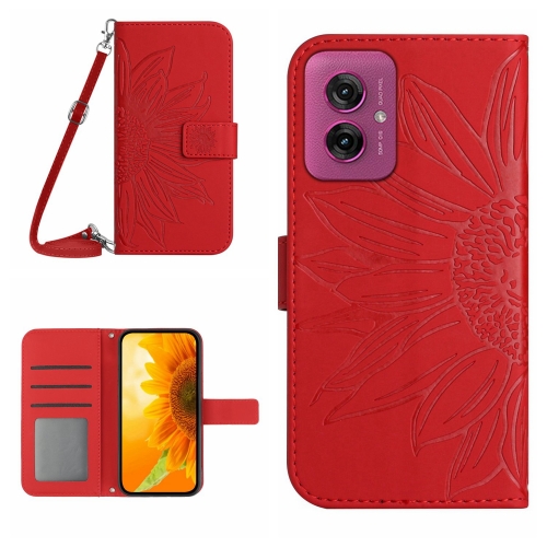 

For Motorola Moto G55 5G HT04 Skin Feel Sun Flower Embossed Flip Leather Phone Case with Lanyard(Red)