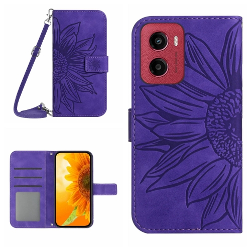 

For Motorola Moto G05 HT04 Skin Feel Sun Flower Embossed Flip Leather Phone Case with Lanyard(Dark Purple)