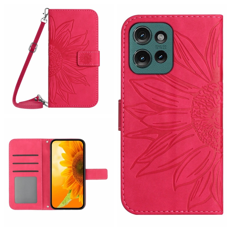 

For Motorola Moto G15 HT04 Skin Feel Sun Flower Embossed Flip Leather Phone Case with Lanyard(Rose Red)