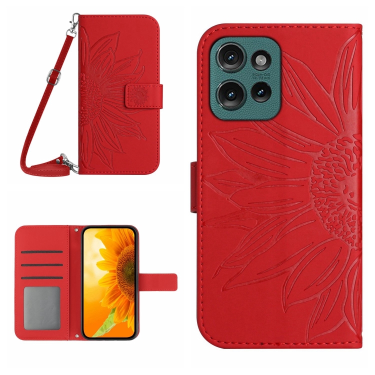 

For Motorola Moto G15 HT04 Skin Feel Sun Flower Embossed Flip Leather Phone Case with Lanyard(Red)