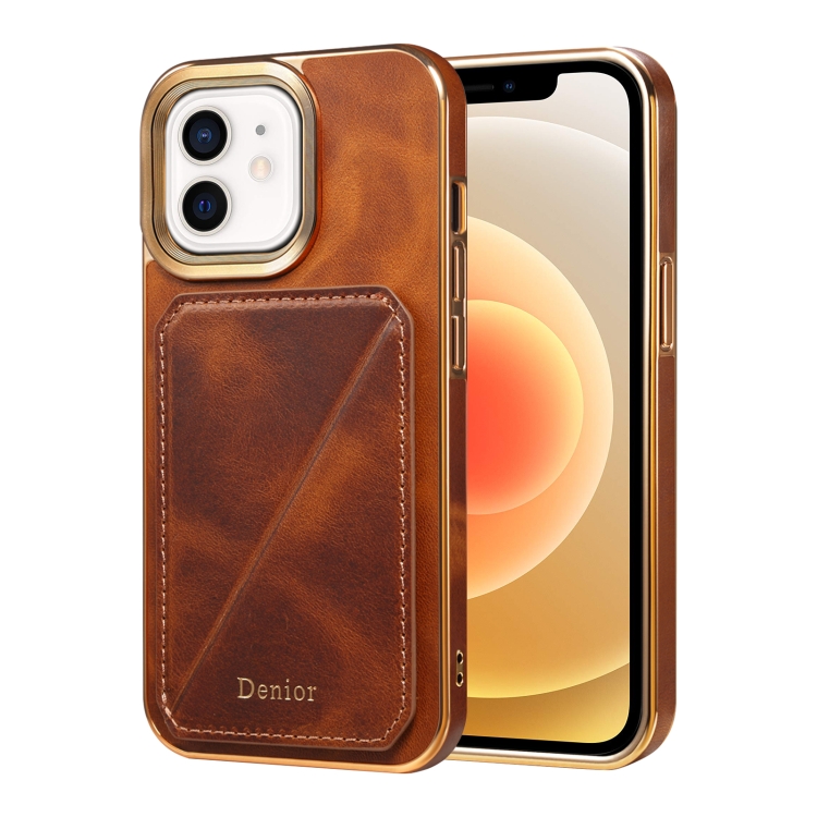 

For iPhone 12 / 12 Pro Denior Oil Wax Leather Electroplating Card Slot Holder Phone Case(Brown)