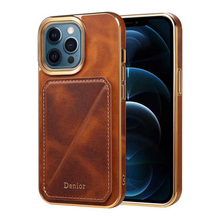 

For iPhone 12 Pro Max Denior Oil Wax Leather Electroplating Card Slot Holder Phone Case(Brown)