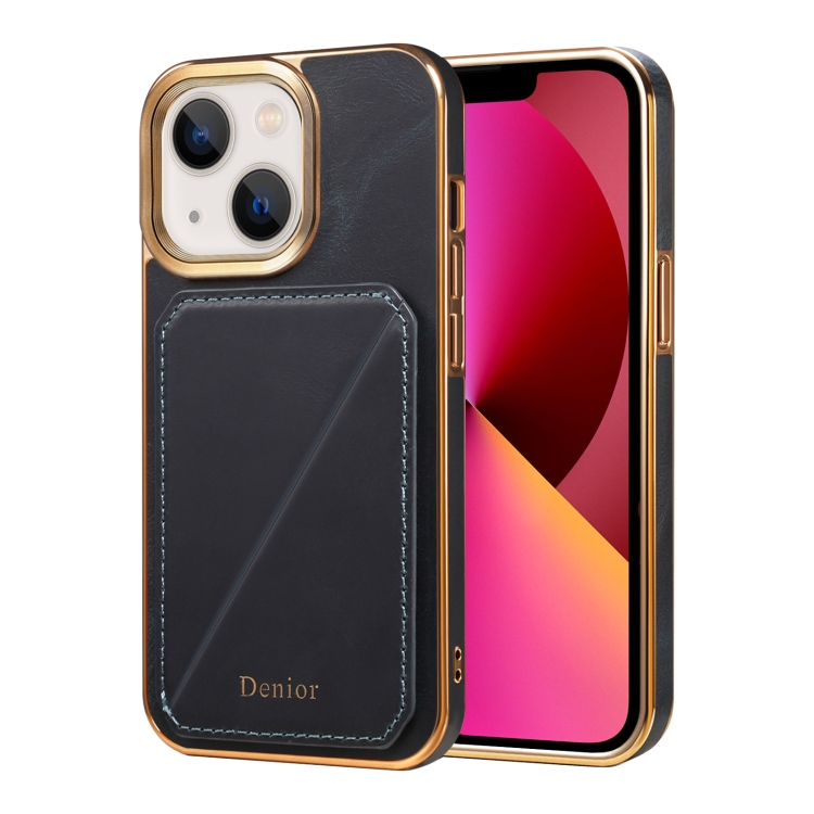 

For iPhone 13 Denior Oil Wax Leather Electroplating Card Slot Holder Phone Case(Blue)
