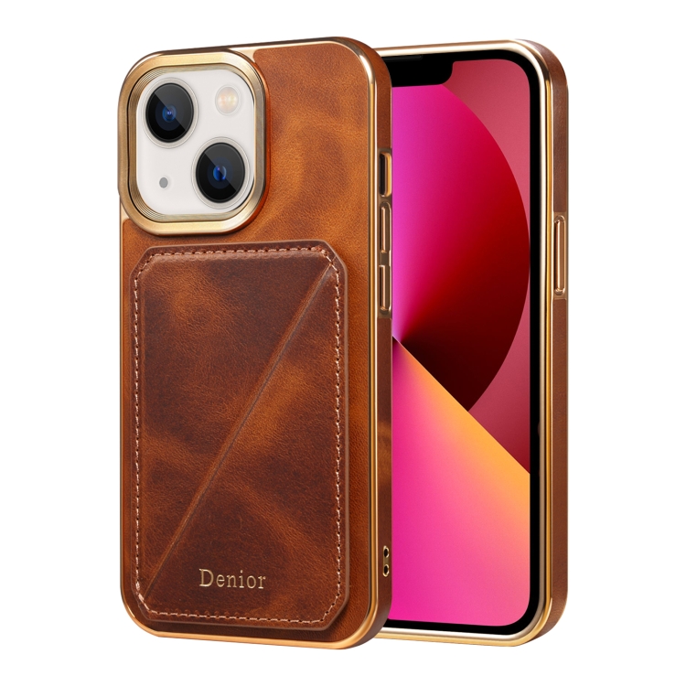 

For iPhone 13 Denior Oil Wax Leather Electroplating Card Slot Holder Phone Case(Brown)