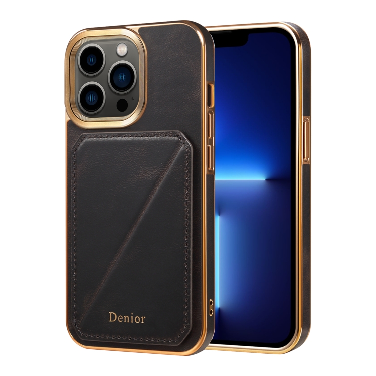 

For iPhone 13 Pro Denior Oil Wax Leather Electroplating Card Slot Holder Phone Case(Black)
