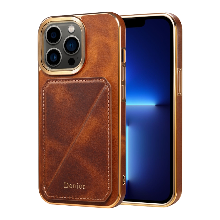 

For iPhone 13 Pro Denior Oil Wax Leather Electroplating Card Slot Holder Phone Case(Brown)