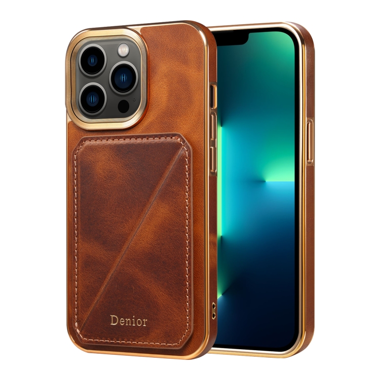 

For iPhone 13 Pro Max Denior Oil Wax Leather Electroplating Card Slot Holder Phone Case(Brown)