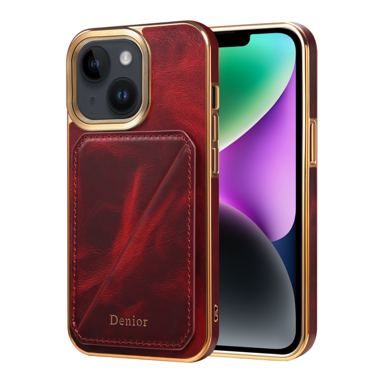 

For iPhone 14 Plus Denior Oil Wax Leather Electroplating Card Slot Holder Phone Case(Red)