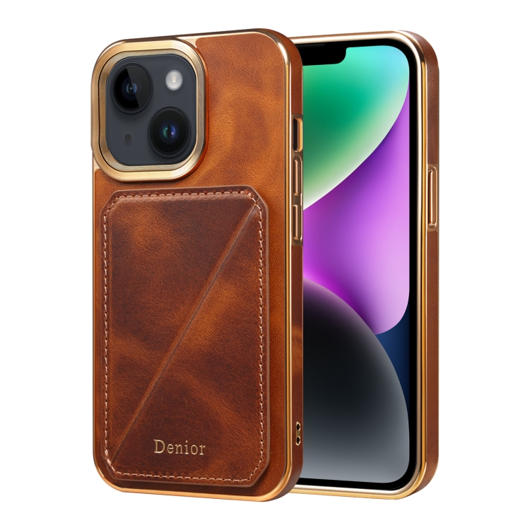 

For iPhone 14 Plus Denior Oil Wax Leather Electroplating Card Slot Holder Phone Case(Brown)