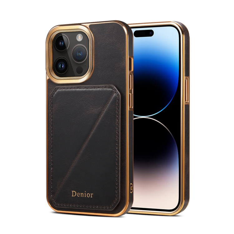 

For iPhone 15 Pro Denior Oil Wax Leather Electroplating Card Slot Holder Phone Case(Black)