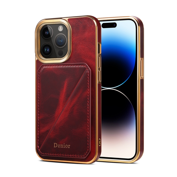 

For iPhone 15 Pro Denior Oil Wax Leather Electroplating Card Slot Holder Phone Case(Red)