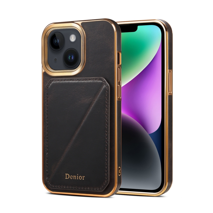 

For iPhone 15 Plus Denior Oil Wax Leather Electroplating Card Slot Holder Phone Case(Black)