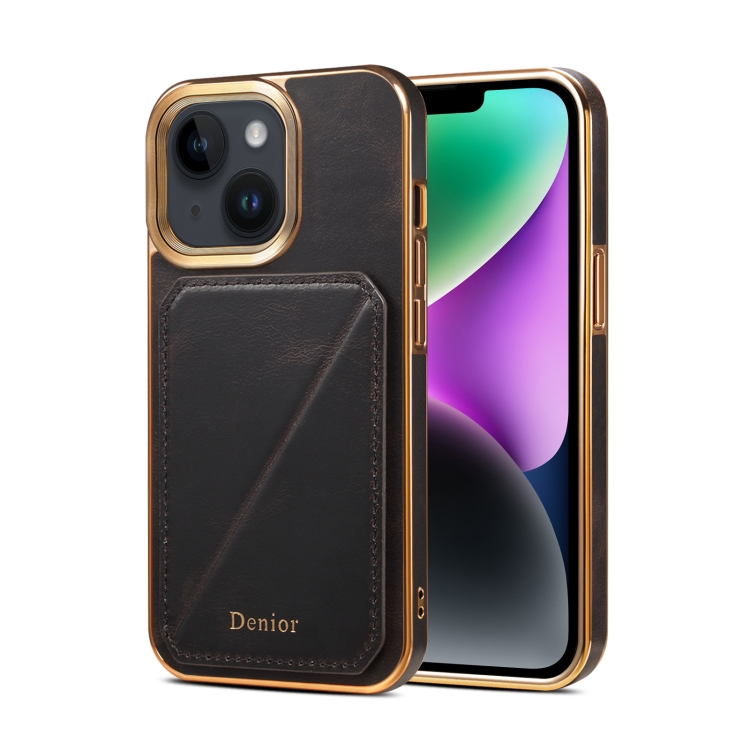 

For iPhone 15 Denior Oil Wax Leather Electroplating Card Slot Holder Phone Case(Black)
