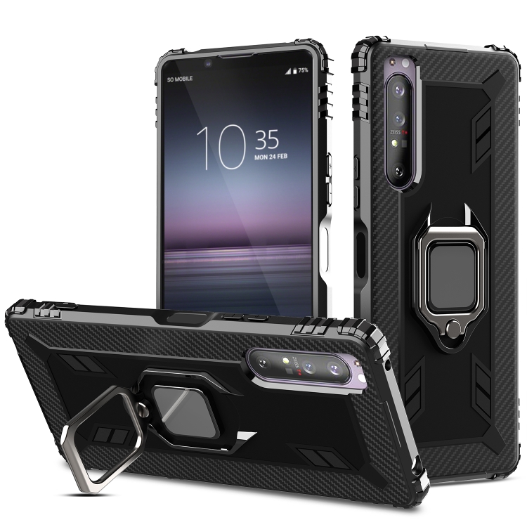 

For Sony Xperia 1 II Carbon Fiber Protective Case with 360 Degree Rotating Ring Holder(Black)