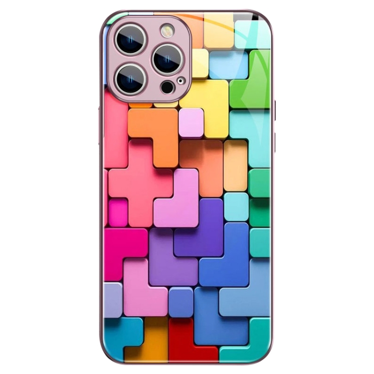 

For iPhone 12 Pro Colorful Toy Bricks Pattern Shockproof Glass Phone Case(Pink)