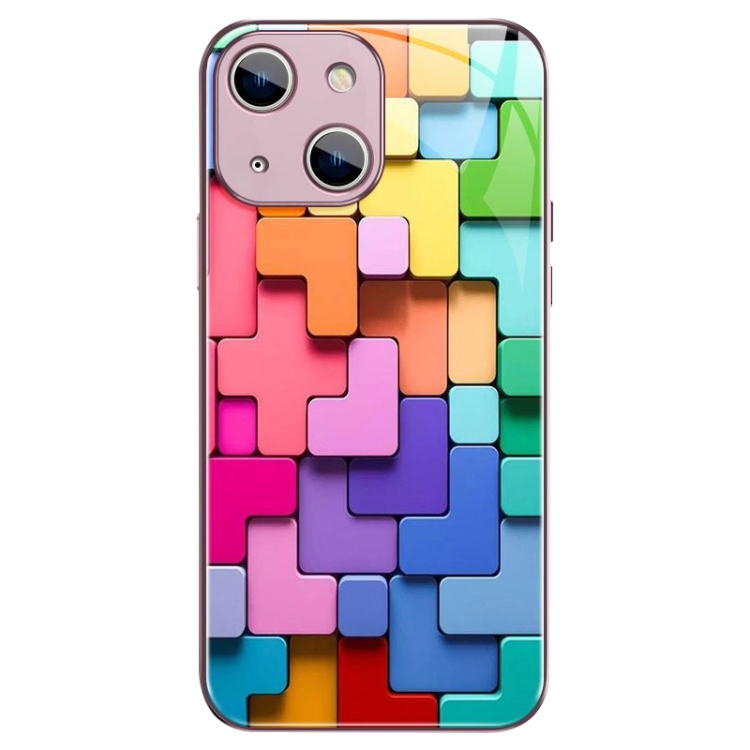 

For iPhone 14 Colorful Toy Bricks Pattern Shockproof Glass Phone Case(Pink)